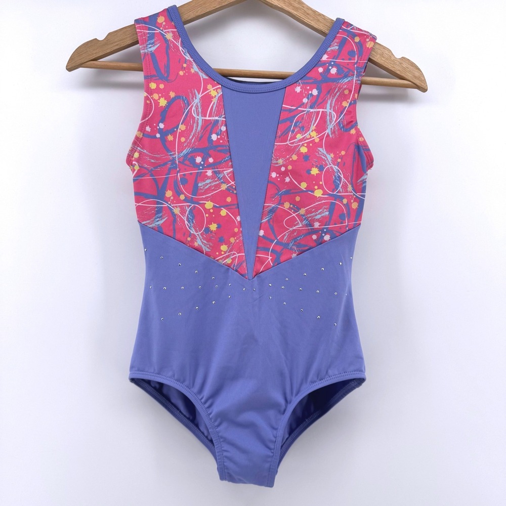 Cat & Jack Leotard Kids Large 10/12 Purple Pink Rhinestone Abstract Cutout Back